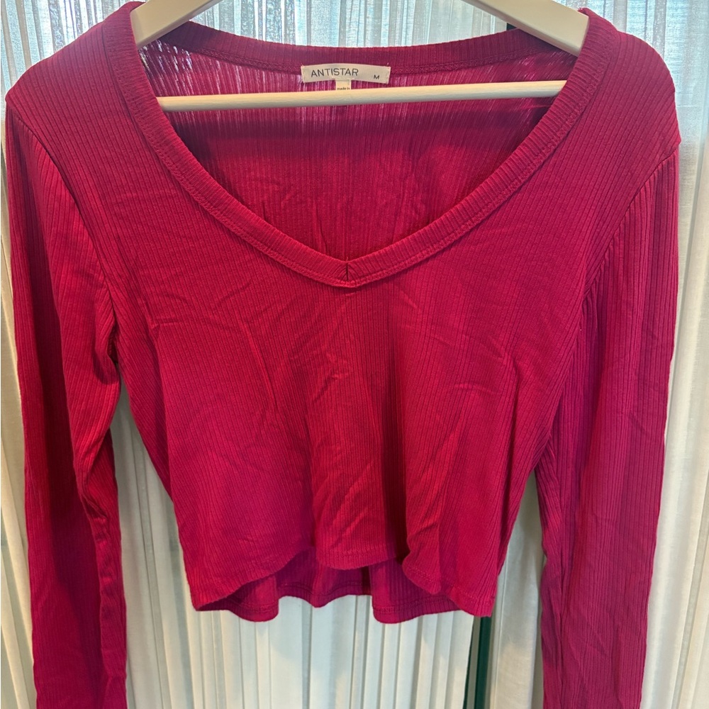 Antistar Vibrant Red Ribbed V-Neck Blouse